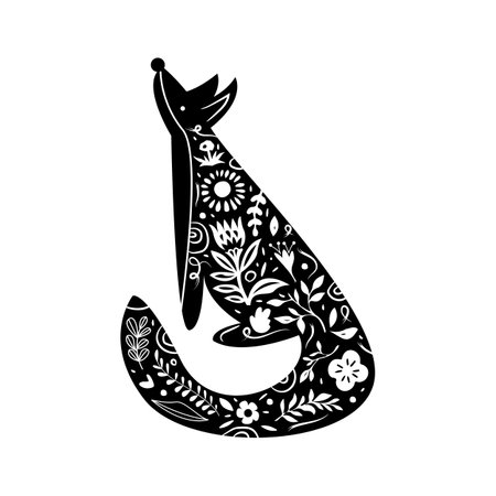 Fox in floral ornament. Modern boho decorative linocut.のイラスト素材