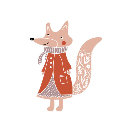 Fox in floral ornament. Modern boho decorative linocut.のイラスト素材