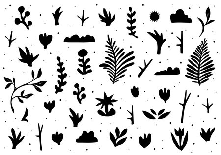 Floral Elements. Hand sketched vector vintage elements. Linocut styleのイラスト素材