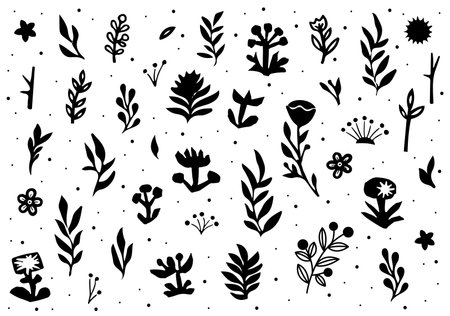 Floral Elements. Hand sketched vector vintage elements. Linocut styleのイラスト素材