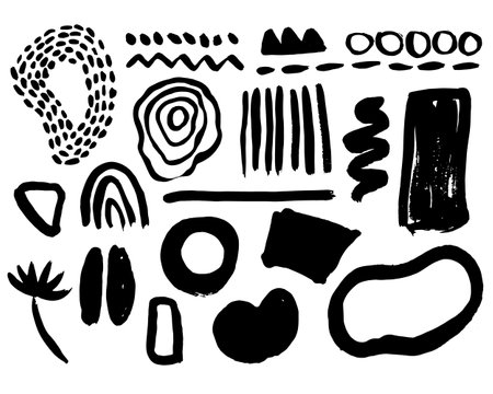 Grunge ink brush strokes elements. Black paint brush, stroke, line, grunge. Dirty textures of banners, boxes, frames and design elements. Black grunge brush stroke ink template collectionのイラスト素材