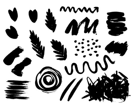 Grunge ink brush strokes elements. Black paint brush, stroke, line, grunge. Dirty textures of banners, boxes, frames and design elements. Black grunge brush stroke ink template collection.のイラスト素材