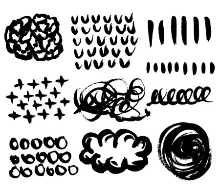 Grunge ink brush strokes elements. Black paint brush, stroke, line, grunge. freehand drawing doodle. artistic dirty. Black grunge brush stroke ink template collection. Vector black paintのイラスト素材