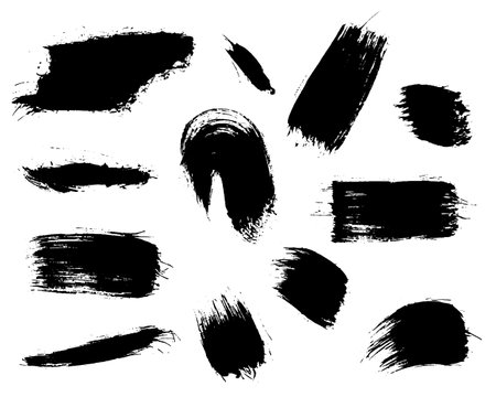 Grunge ink brush strokes elements. Black paint brush, stroke, line, grunge. Dirty textures of banners, boxes, frames and design elements. Black grunge brush stroke ink template collection.のイラスト素材