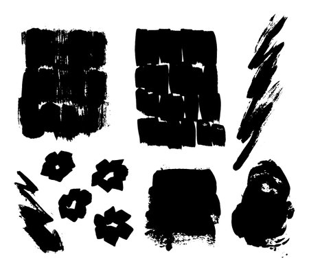 Grunge ink brush strokes elements. Black paint brush, stroke, line, grunge. Dirty textures of banners, boxes, frames and design elements. Black grunge brush stroke ink template collection.のイラスト素材