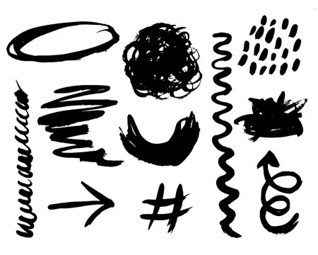Grunge ink brush strokes elements. Black paint brush, stroke, line, grunge. Dirty textures of banners, boxes, frames and design elements. Black grunge brush stroke ink template collection.のイラスト素材