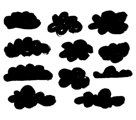 Clouds ink brush strokes. Black cloud collection. Grunge Clouds. Vector illustrationのイラスト素材