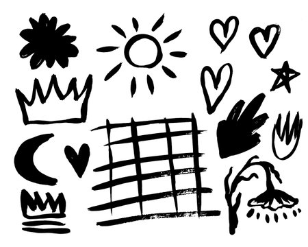 Grunge ink brush strokes elements. Black paint brush, stroke, line, grunge.Crown, sun, flower, heart, cloud, moon doodle collage elements. Black grunge brush stroke ink template collection.のイラスト素材