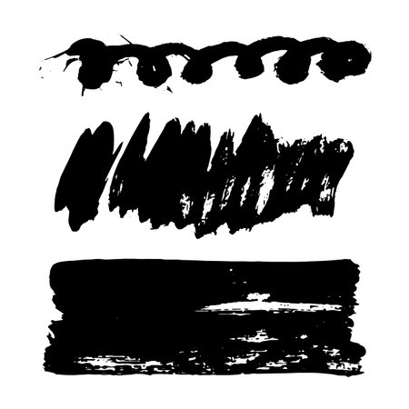 Black Brush strokes isolated on white background. Dry Brush Strokes and Scratches Retro Grunge Background. Vector brush stroke texture. Black ink, paint splatter.のイラスト素材