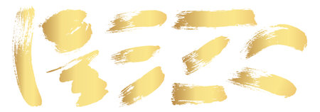 Gold Ink brush strokes. Golden Brush Stroke. Golden paint stains.Vector golden stain. Gold paint and ink brush strokes. Vector gold paint stroke setのイラスト素材