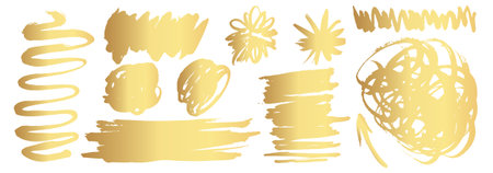 Gold Ink brush strokes. Golden Brush Stroke. Golden paint stains.Vector golden stain. Gold paint and ink brush strokes. Vector gold paint stroke setのイラスト素材