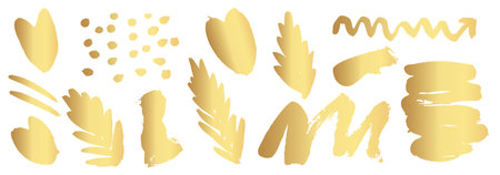 Gold Ink brush strokes. Golden Brush Stroke. Golden paint stains.Vector golden stain. Gold paint and ink brush strokes. Vector gold paint stroke setのイラスト素材