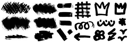 Grunge ink brush strokes elements. Black paint brush, stroke, line, grunge. Dirty textures of banners, boxes, frames and design elements. Black grunge brush stroke ink template collection.のイラスト素材