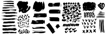 Grunge ink brush strokes elements. Black paint brush, stroke, line, grunge. Dirty textures of banners, boxes, frames and design elements. Black grunge brush stroke ink template collection.のイラスト素材