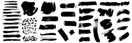 Grunge ink brush strokes elements. Black paint brush, stroke, line, grunge. Dirty textures of banners, boxes, frames and design elements. Black grunge brush stroke ink template collection.のイラスト素材