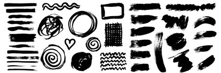 Grunge ink brush strokes elements. Black paint brush, stroke, line, grunge. Dirty textures of banners, boxes, frames and design elements. Black grunge brush stroke ink template collection.のイラスト素材