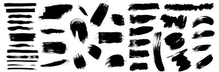 Grunge ink brush strokes elements. Black paint brush, stroke, line, grunge. Dirty textures of banners, boxes, frames and design elements. Black grunge brush stroke ink template collection.のイラスト素材