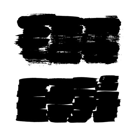Grunge ink brush strokes elements. Black paint brush, stroke, line, grunge. Dirty textures of banners, boxes, frames and design elements. Black grunge brush stroke ink template collection.のイラスト素材