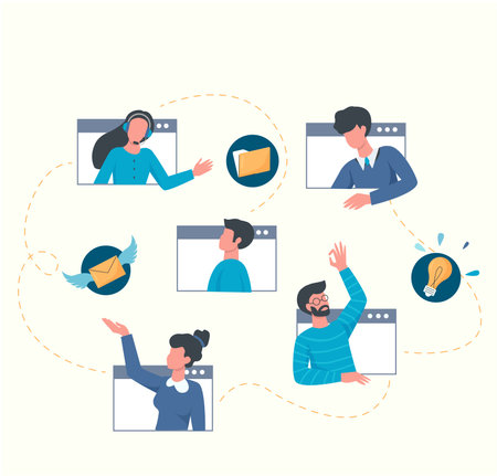 Vector flat illustration, concept of remote working. People with different skills work on the same project online using Internet. Self-employed freelancers are working from homeのイラスト素材