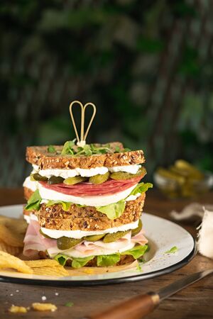 Club sandwich with ham, salami, pickled cucumbers, fresh cheese and lettuce on a rustic table, served with French fries. Space for text. Still life, summer time.の写真素材
