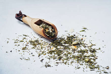 Coconut Green japanese tea on light gray background banner. Selective focus. Top view with copy space.の写真素材