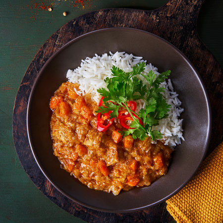 Chicken tikka masala spicy curry meat food in marbre plate with rice and spices on dark gray background. Indian food recipe.の写真素材
