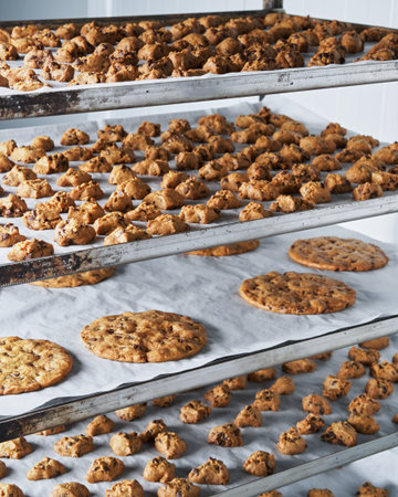 Assorted Chocolate Chip cookies on baking sheets. Close up, selective focus, homemade dessert bakery...