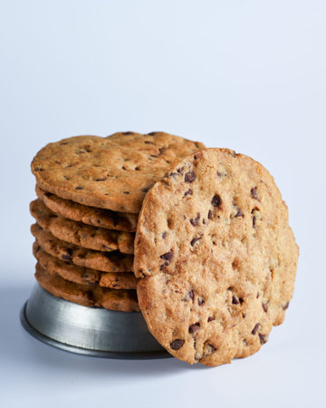 Big Soft and Crumbly Chocolate Chip Cookies. Close up view, selective focus, space for text. Sweets...
