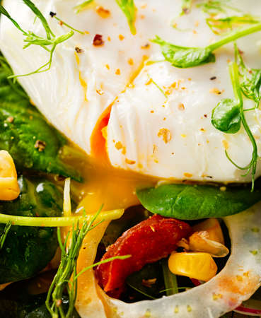 Vegetable Salad with Poached Egg. Summer recipe, keto diet. Selective focus. Healthy food concept.の写真素材