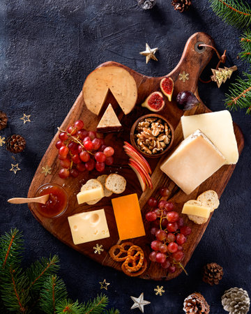 Christmas cheese platter with grapes, nuts, figs on a dark background. Top view. Xmas gourmet holiday appetizer. Copy space, top view.の写真素材