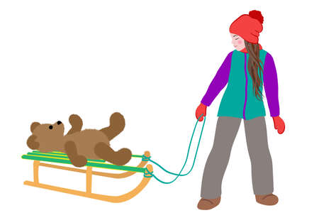Little cute girl carries a teddy bear on sled in winter. Active leisure outdoors in winter. Cartoon vector illustration isolated on a white background.のイラスト素材