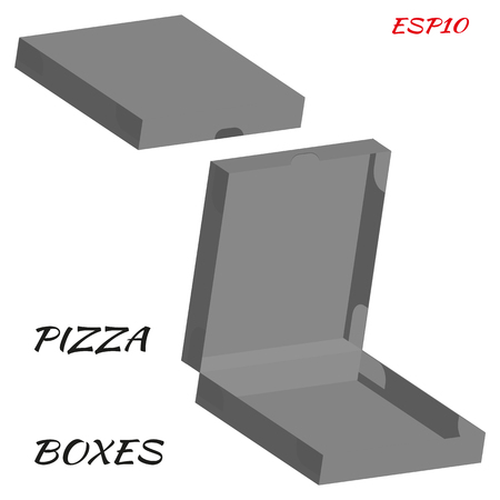 Realistic drawing of cardboard box for pizza. Box is closed and open. Vector illustration in gray color on white background.のイラスト素材
