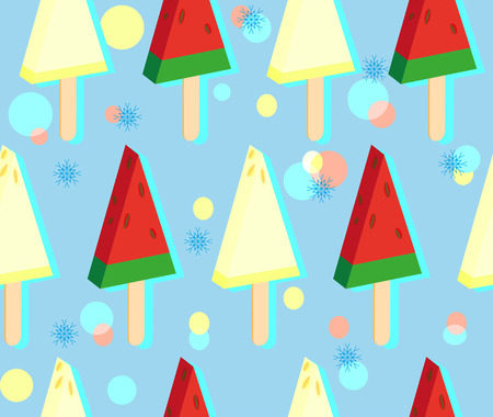 Ice cream from watermelon and melon on stick. Colorful seamless pattern on cold blue background with snowflakes.   illustration for markets, packing, postcards, posters, stickers.のイラスト素材