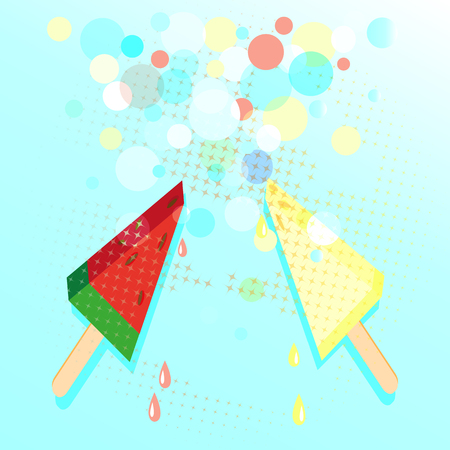 Ice cream from watermelon and melon on stick. Colorful drawing on cold blue background with snowflakes. Vector illustration for markets, packing, postcards, posters, stickers, t-shirts.のイラスト素材