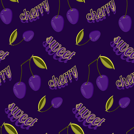 Seamless pattern with double cherry on twig with leaves and text- sweet cherry.illustration for design textiles, wallpapers, postcards, poster, labels mock-up.のイラスト素材