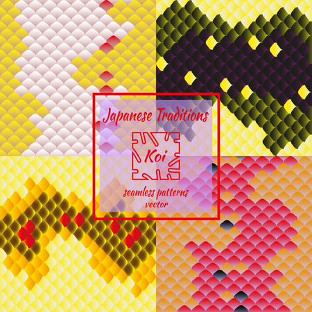 Set of fashionable traditional Japanese patterns. National oriental pattern, multi colored fish scales of carp Koi.のイラスト素材