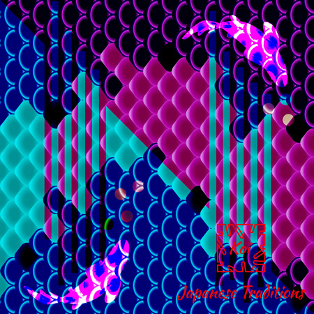 Flock of fish against background of traditional Japanese motif, multi-colored fish scales carp Koi.のイラスト素材