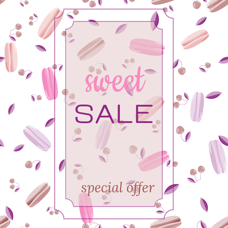 Template for Sweet Sale. Pattern of macarooni and cherries on white background in soft pastel colors. Frame with text - Sweet Sale.のイラスト素材