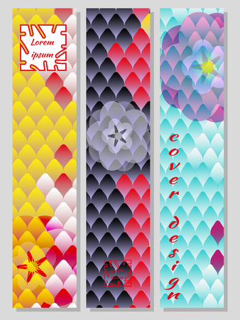 National Oriental pattern, multicolor background of Koi carp scales and sakura. Set of trendy vertical design templates for covers, business cards, magazines, interiors. Vector.のイラスト素材