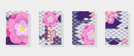 National oriental pattern, multi-colored fish scales of carp Koi and sakura flowers. Set of fashionable modern design templates for covers. Vector illustration.のイラスト素材