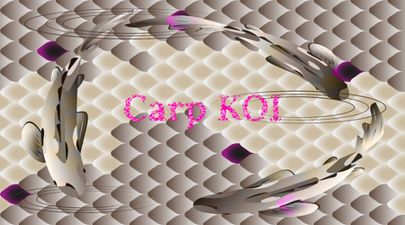Set of Fish Carp Koi on background of national oriental pattern, multi-colored fish scales Koi. Seamless pattern in soft colors.のイラスト素材