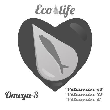Template for advertising fish oil from ecologically clean sea waters, Omega-3 and vitamins A, D, E. Vector illustration on white background.のイラスト素材