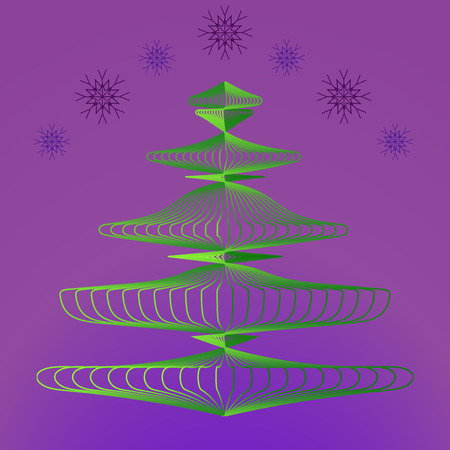 Christmas tree on background of night sky and falling snowflakes.Vector illustration with outline objects in minimalist style. For season greeting cards, posters, advertisement.のイラスト素材