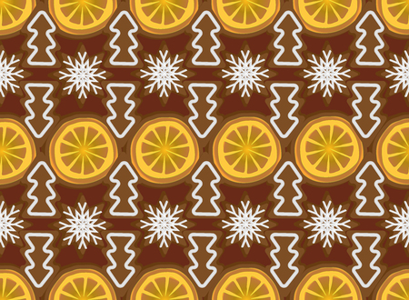 Seamless background with Christmas decorations from dried oranges, gingerbread and cookies. For season greeting cards, posters, advertisement, wrapping paper.のイラスト素材