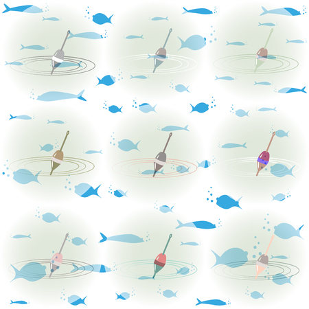 Vector drawing of of fishing float with big and small cartoon fishes in the sea. Multicolor illustration on soft blue background. Can be used in postcards, posters, textiles, logo for fishing club.のイラスト素材