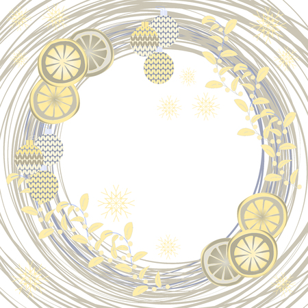 Pretty wreath with Christmas decoration. Round garland decorated with festive elements. For season greeting cards, posters, advertisement.のイラスト素材