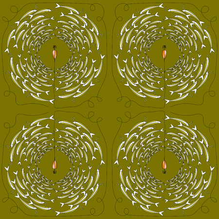 Vector pattern of fishing bait with fishes in the sea. Multicolor illustration whit flock of fish in a circular composition. Can be used in design interior, textiles, posters,logo for fishing club.のイラスト素材