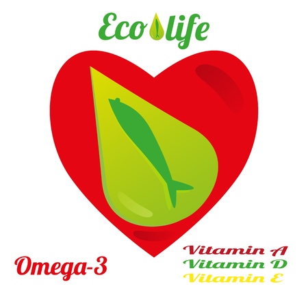 Template for advertising fish oil from ecologically clean sea waters, Omega-3 and vitamins A, D, E. Vector colored illustration on white backgroundのイラスト素材