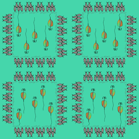 Vector pattern of fishing bait with fishes in the sea. Multicolor illustration whit flock of fish in a square composition. Can be used in design interior, textiles, posters, logo for fishing club.のイラスト素材