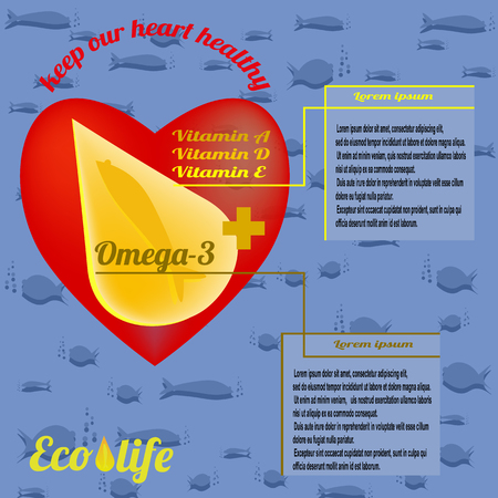 Template for advertising fish oil from ecologically clean sea waters, Omega-3 and vitamins A, D, E. Text - keep our heart healthy. Vector illustration on deep sea background.のイラスト素材
